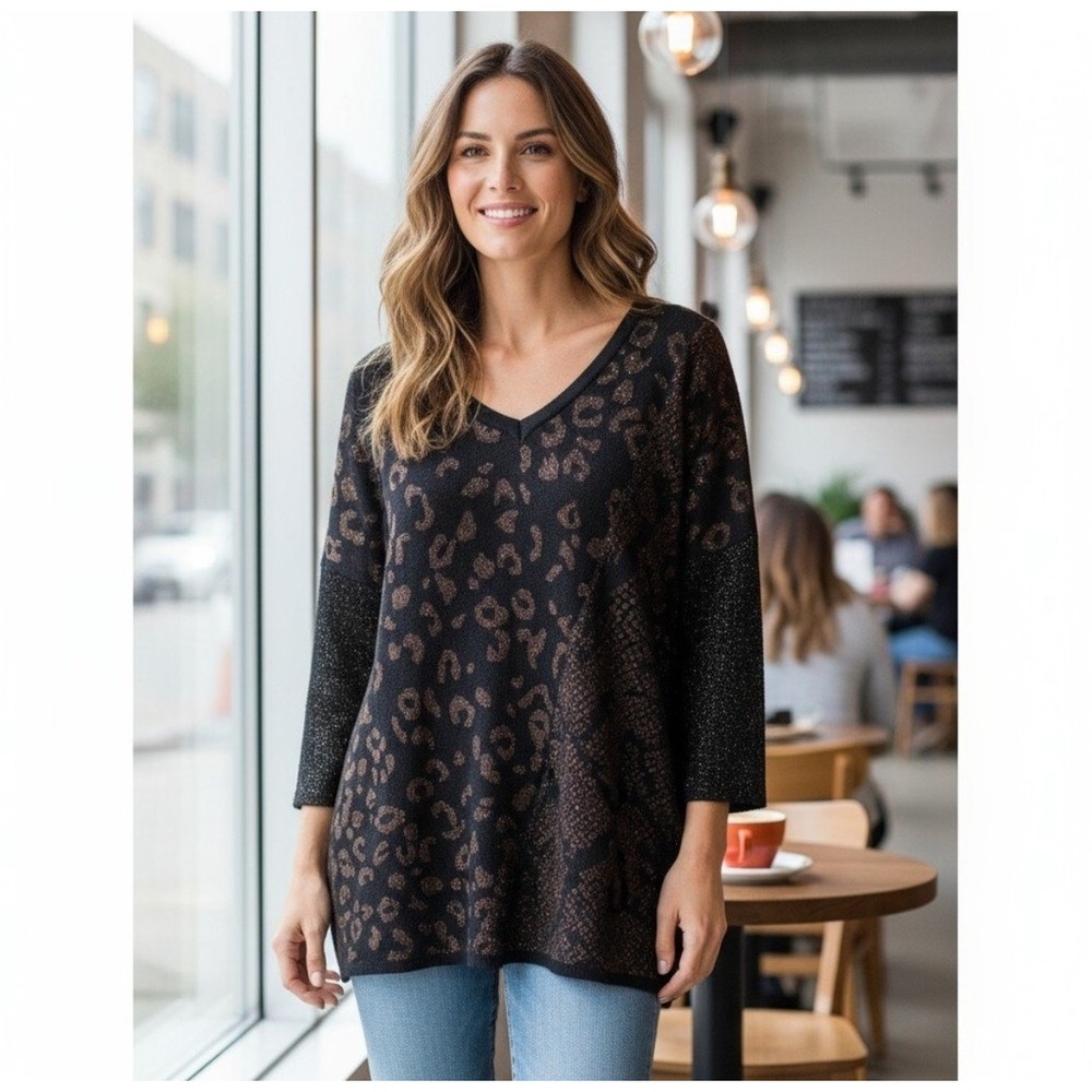 DEMOCRACY Black Bronze Leopard Print Knit V Neck Long Sleeve Tunic Top‎ XL